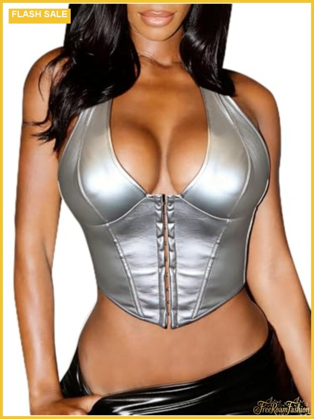 Faux Leather Halter Corset Bustier Crop Top Lace Up Back Party